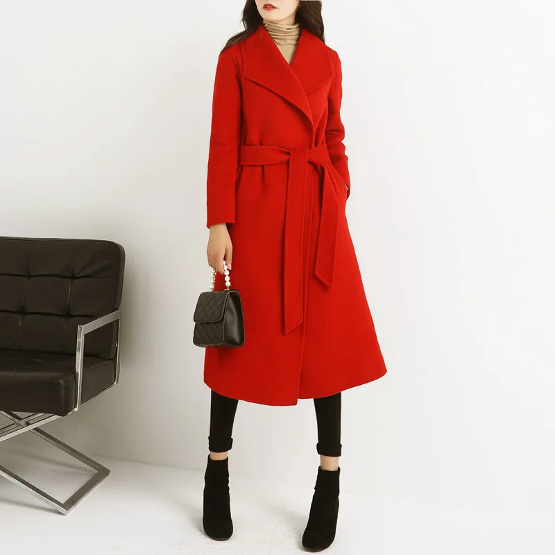Шерстяное пальто зимнее приталенное красное пальто Новое двухстороннее кашемировое пальто женское длинное с большим воротником средней длины с капюшоном модное корейское