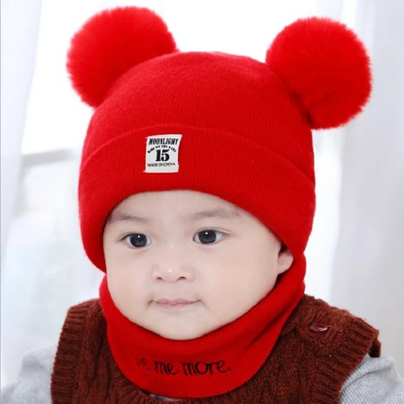Шапка для новорожденных, вязаная крючком, с двойным помпоном, шляпа детская шапочка, шарф, комплект из 2 предметов, с надписью Love Me More, детские шапки, шапка s, аксессуары для малышей - Цвет: Красный