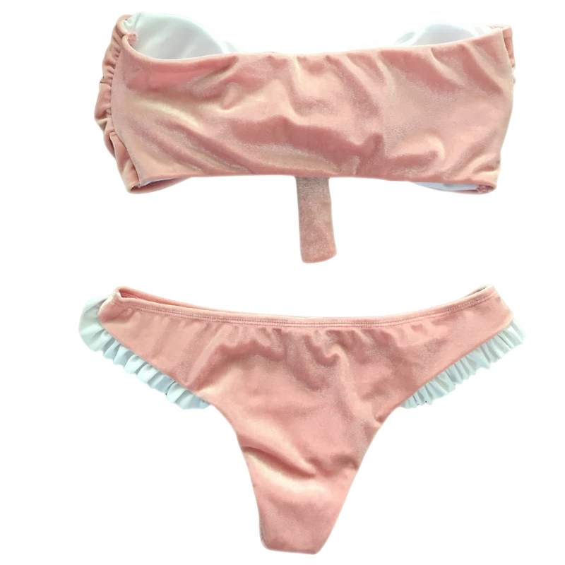 

Women Strapless Push Up Bra Low Waist Flounce G-string Velvet Bikini Swimsuit