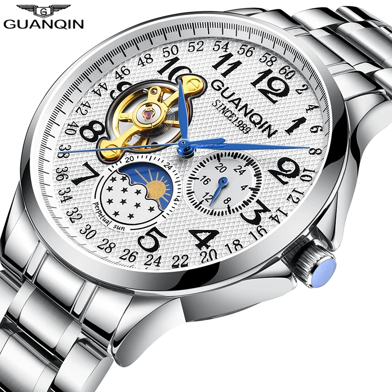 Часы мужские GUANQIN GJ16212 наручные часы мужские s Moon фазный автоматический часы лучший бренд Скелет Механические наручные часы Fix Инструмент