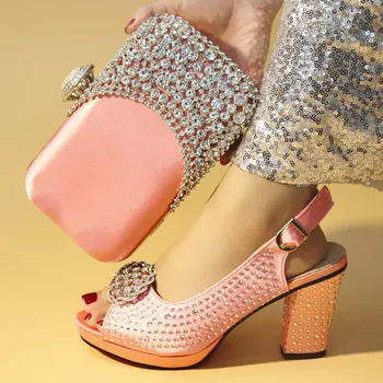 

Latest Peach Color High Quality African Wedding Shoes and Bag Set Italian Shoes and Bags To Match Shoes with Bag Set Party Shoes