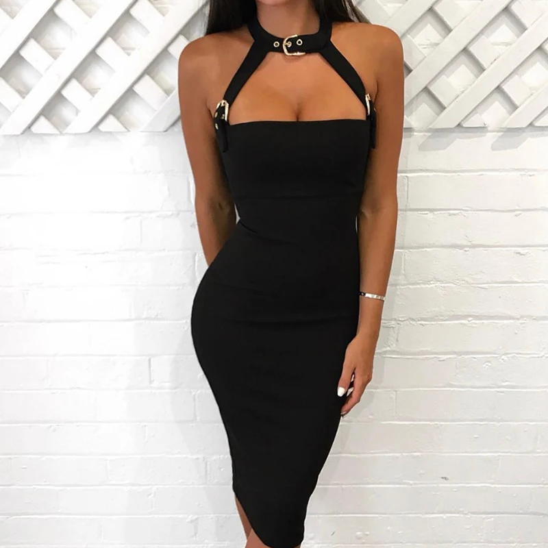

Sexy Rivet Halter Low Cut Party Dress Stretchy Bodycon Tight Package Hips Backless Bandage Dress