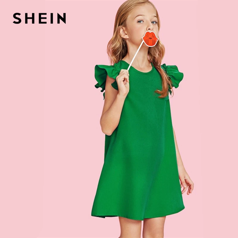 Шеин Красный рюшами проймы трапеции Рождество нарядное платье для девочек одежда зеленый корейский мода Детские платья для девочек