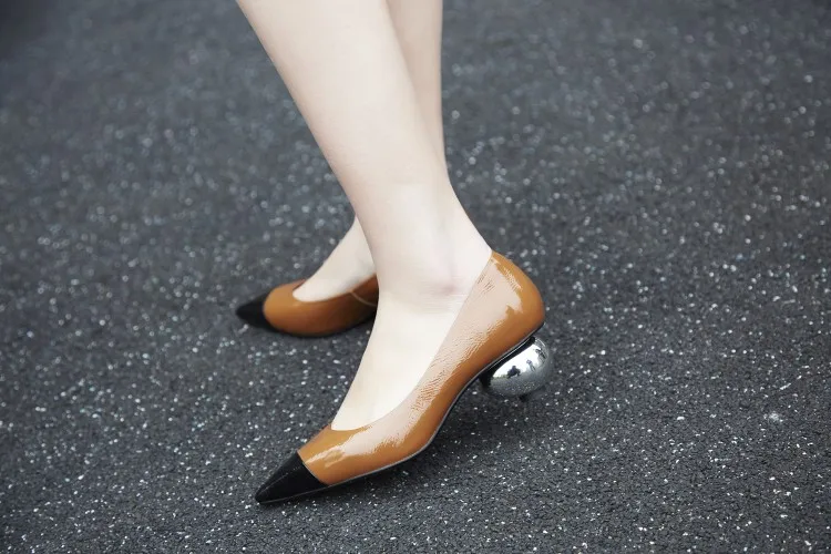 MLJUESE/ г. женские туфли-лодочки весенне-осенние туфли-лодочки из натуральной кожи на необычном каблуке с острым носком женская обувь, размер 34-39