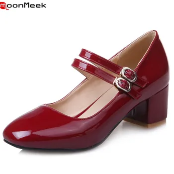 

MoonMeek 2020 pumps women shoes new fashion high heel round toe with buckle patent leather square heels woman shoes