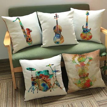 

Watercolor Style Guitar Bass Violin Drum Kit Sax Musical Instruments Pattern Pillow Case Home The Band Decoration Cushion Cover