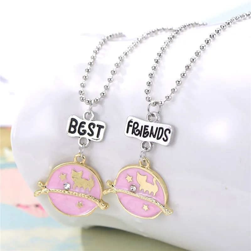 

2PCs/set "best friends" Pink Cat Necklaces Kids Imitation BFF Friendship Necklace For Children Jewelry, Birthday Gifts