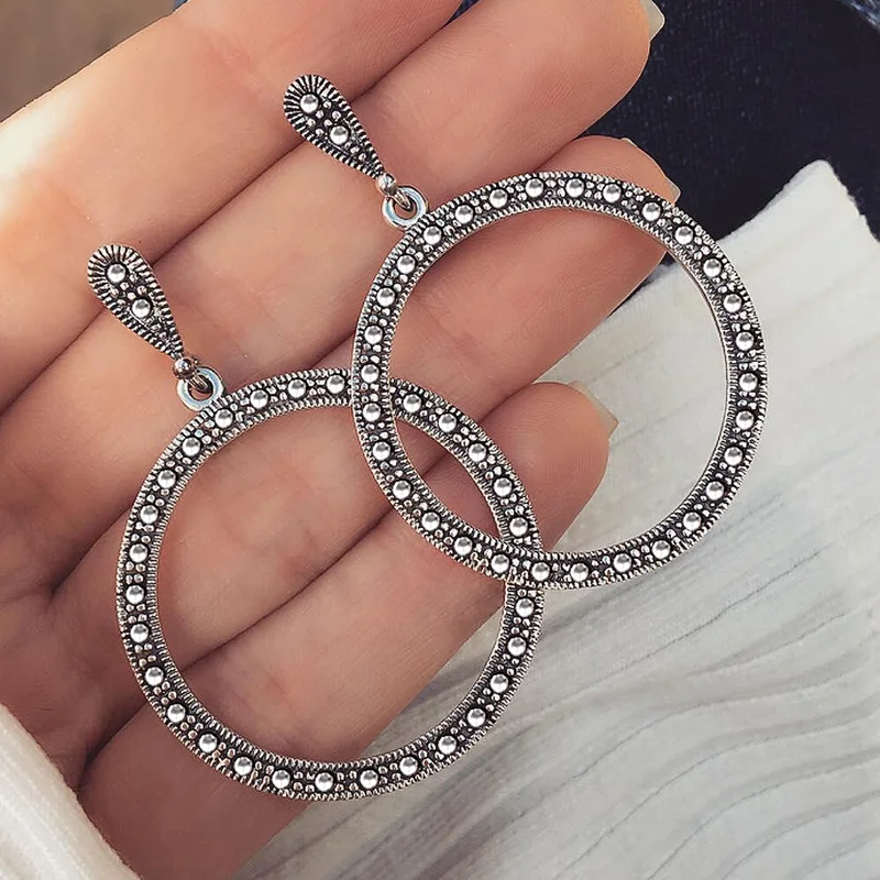

Vintage Trendy Antique Silver Color Hoop Earrings For Women Bohemian Statement Geometry Round Creole Earring Piercing Jewelry