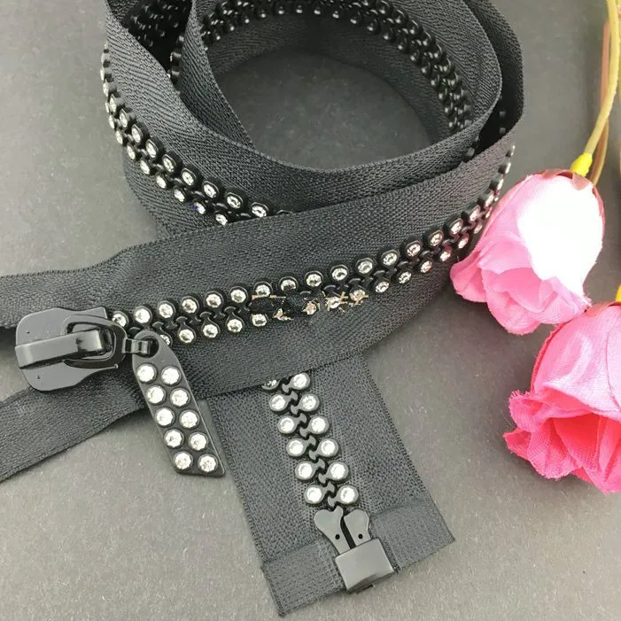 10 Length 15/38/64cm Decorative Rhinestone Zipper Black OPEN END Resin