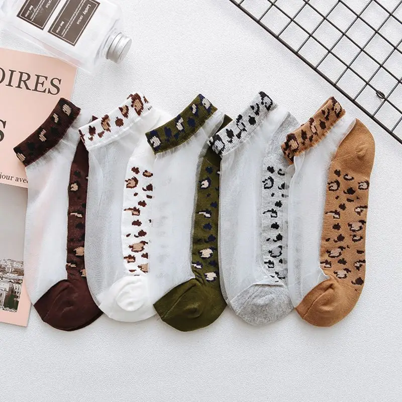 

Summer Stylish Women Girls Vintage Leopard Low Cut Short Boat Socks Sexy See Through Mesh Splicing Cotton Bottom Thin Hosiery