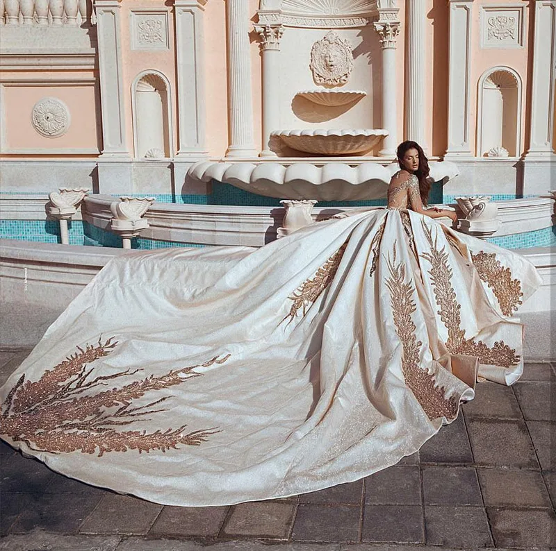 Дубай арабское винтажное свадебное платье es с длинным рукавом золотое кружево аппликация Блестки размера плюс свадебное платье с соборным шлейфом