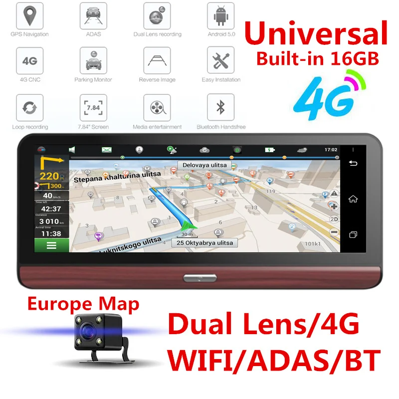 4G Dual Lens Car DVR Dash Cam GPS Navigation Android Bluetooth Car Charger Wifi with Europe Map