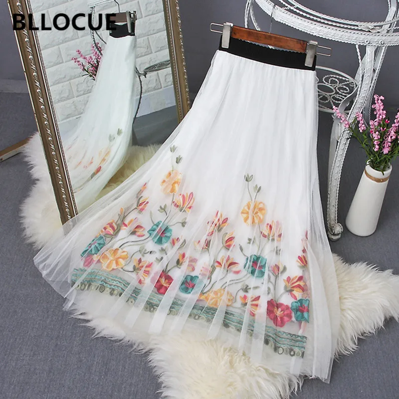 Женская плиссированная юбка, черная и белая Двухслойная юбка-пачка с вышивкой, эластичная юбка с высокой талией