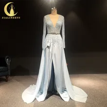 JIALINZEYI настоящий образец с длинными рукавами небесно-голубой бисер атласное роскошное платье для вечерние платья