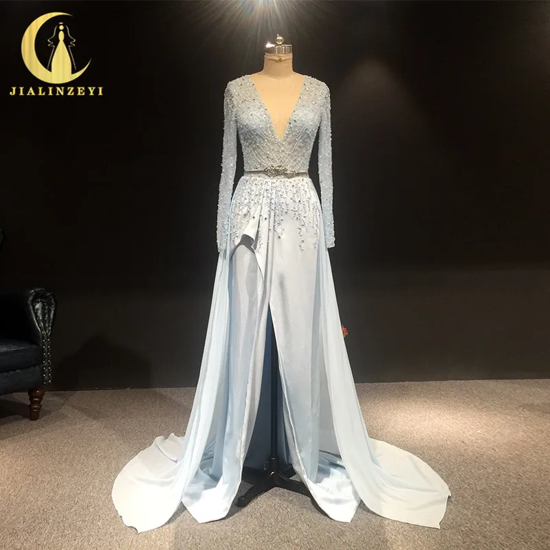 

JIALINZEYI Real Sample Long Sleeves Sky Blue Beads Satin Luxurious Dress for Party Evening Dresses