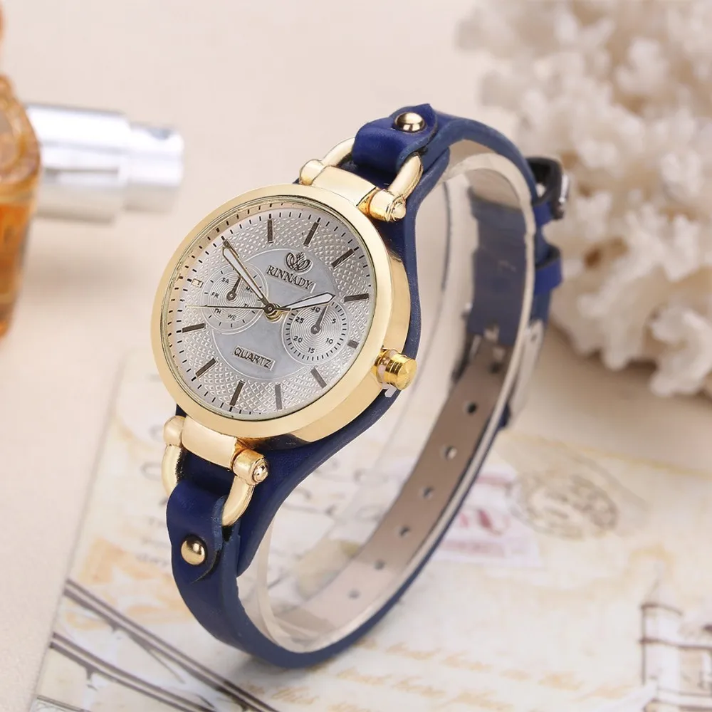 Горячая Марка Кварцевые часы для женщин тонкий кожаный повседневный золотой браслет наручные женские часы Bayan Kol Saati relogio reloj mujer Часы - Цвет: rinnady002-Blue