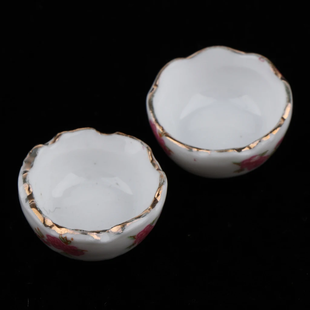 2pcs Floral Porcelain Bowls Set for 1/12 Dollhouse Utensils Kids Pretend Play Toys White