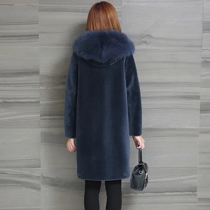 Женское пальто из овчины, зимняя Длинная шерстяная Меховая куртка с воротником из лисьего меха, пальто с капюшоном для женщин, большой размер 5XL, новинка, LZ945