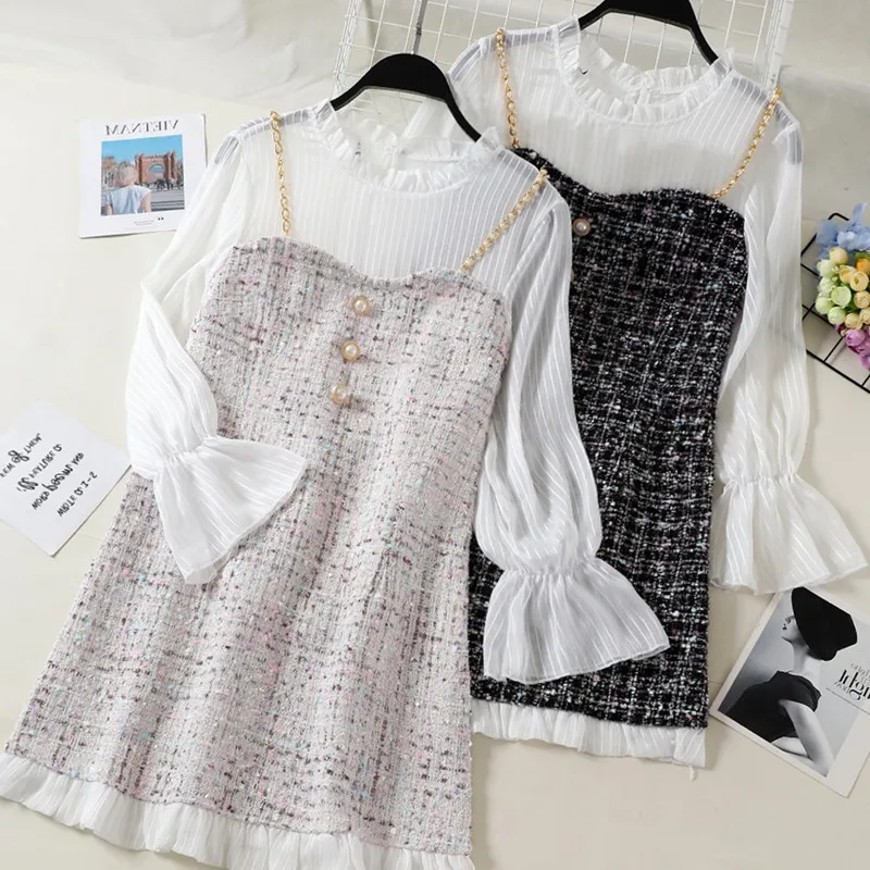 

Women Chiffon Lantern Sleeve Patchowrk Tweed Dress Elegant Gold Chain Pearls Ruffles Dress Ladies One Piece Short Party Dress