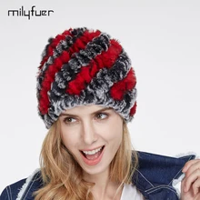 Milyfuer Real Rex Rabbit Fur Hats Female Hair Fashion Fur Caps Autumn Winter Keep Warm Ear Cycling Cap Knitted Hat For Women Cap