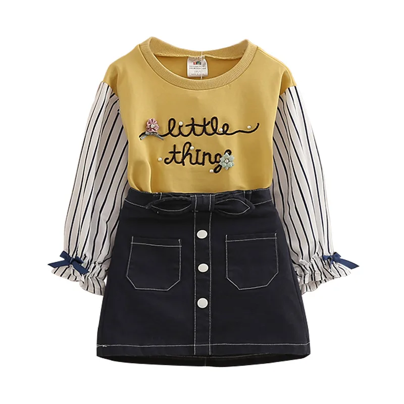 

Kids Girls Dress Set 2018 Spring Autumn Long Sleeve Letter Embroidery Strip Patchwork T-Shirt+Demi Skirt Children Clothes Set