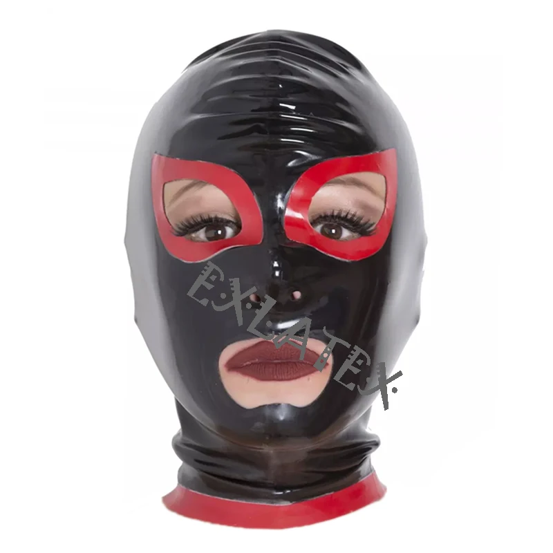 Латекс капот унисекс латекс фетиш маска бондаж маска с красной отделкой глаза нос и рот открыть без молнии резиновые колпаки капюшон БДСМ - Цвет: L with Red trim