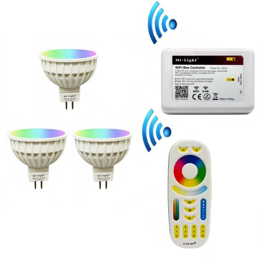 MiLight 4 W светодиодные лампы RGB + CCT + пульт + IBX2 RF дистанционного Wi-Fi MR16 светодиодные лампы светодиодный осветительный прожектор Светодиодный