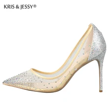 Plus Size 34-43 High Quality Mesh Air Crystal Women Pumps 8 10 12cm Silver Glitter High Heels Woman Party Shoes