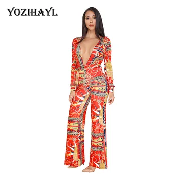 

YOZIHAYL Women Deep V-Neck Print Wide Leg Jumpsuits Autumn Sashes Sexy Club Rompers Popular Long Sleeve Full Length Jumpsuits