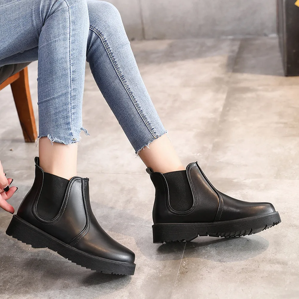 

Women Solid Color Flat Ankle Boots Female Fashion PU Platform Round Toe Shoes Woman Plus Size Boots For Women Botines Mujer