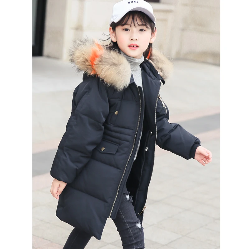 

Girl Down Jacket with Fur 2018 Winter Hooded Long Parkas for Girl 8 10 12 14 years Warmly Kids Winter Coat