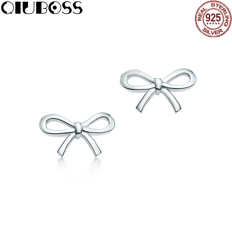 

QIUBOSS TIFF 925 Sterling Silver Jewelry Bow Earrings Fashion Ladies Elegant Bow Earrings DIY Gift