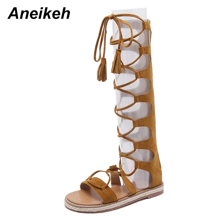 Aneikeh/Новинка года; модные пикантные сандалии-гладиаторы; босоножки на плоской подошве с открытым носком; женская летняя обувь; цвет черный, белый; Size35-41 - Цвет: Brown