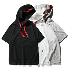 Street fashion College winds Thin Hoodies sweater Men’s Solid color Decorative belt Short-sleeved T-shirt Black Gray White