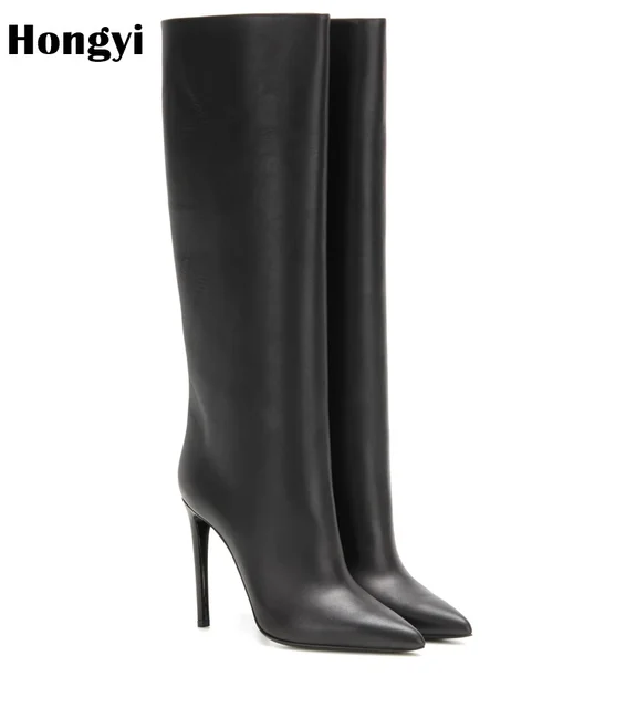 plain black leather knee high boots