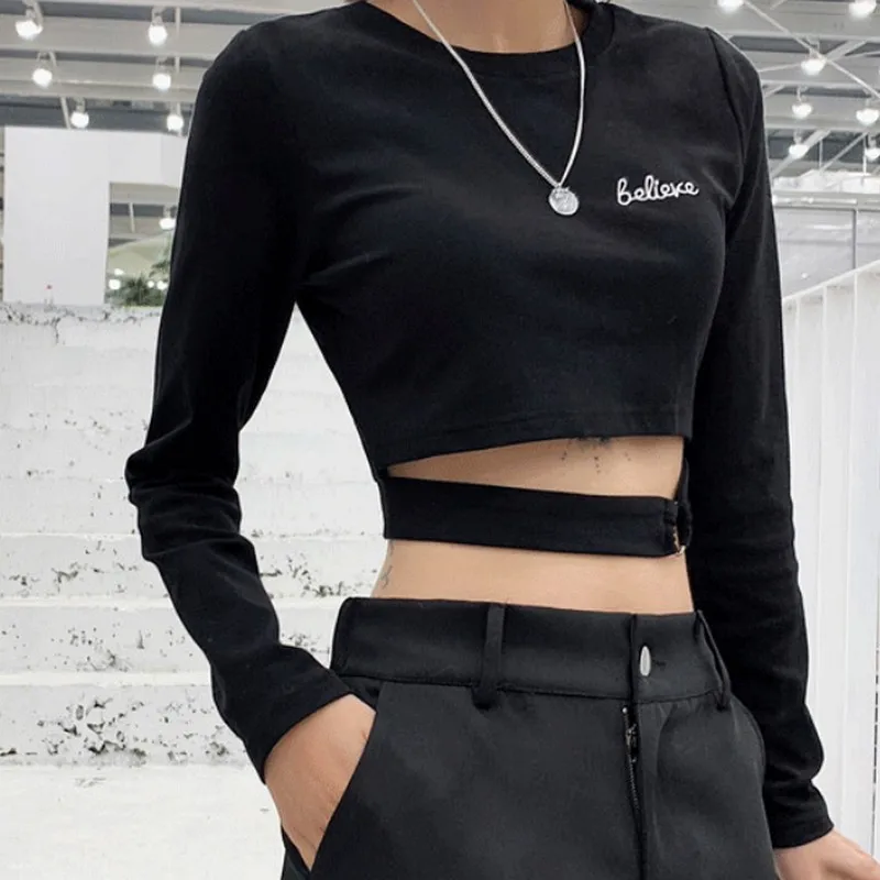 

2019 Spring Streetwear Long Sleeve Women T-shirt Letters Embroidered Ladies Short Tshirt Exposing the Navel Female Women Clothes
