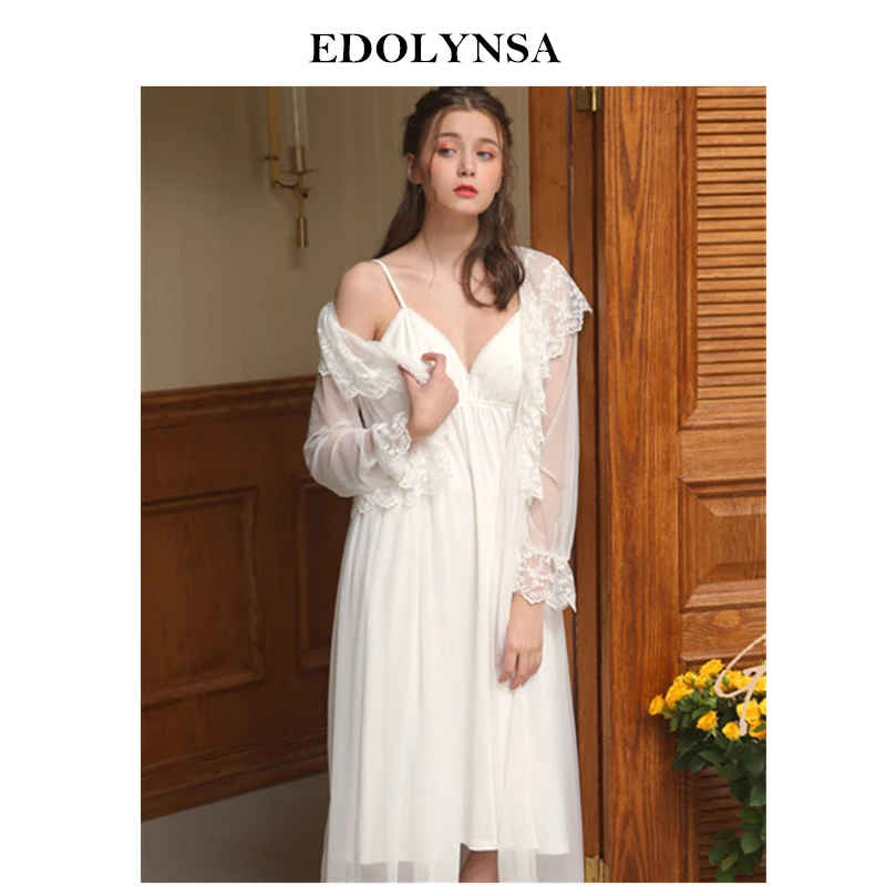 

2019 Sexy Two Pieces Sleepwear Women Robe Gown Set Lace Ruffled Kimono Camisole Dress Ladies Home Wear Nighties Bathrobe H804