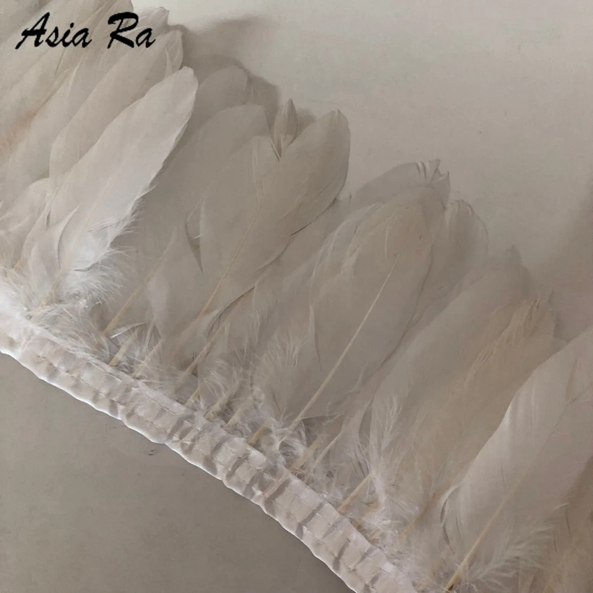 

hot sale 10 Meters top quality natural goose feather fringe bleached white Goose Feather Trims with Satin Ribbon Tape for skirt