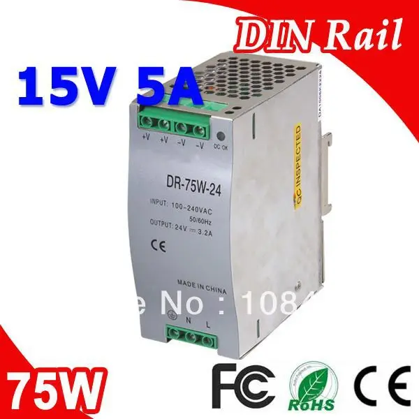DR-75-15 LED Single Output Din Rail Power Suply Transformer DC 15V 5A SMPS | Обустройство дома