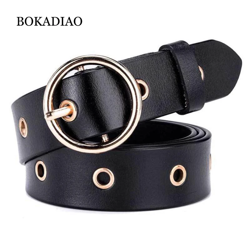 

BOKADIAO Hot women's genuine leather belt Punk luxury brand designer belts for women high quality casual female jeans belt Black