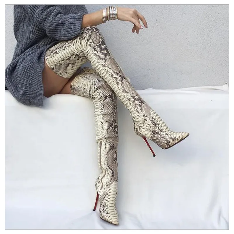 

Womens Pointed Toe Over Knee Thigh Boots Stilettos High Heel Snaker Pattern Mixed Colors Side Zip Shoes Plus Size Real Leather