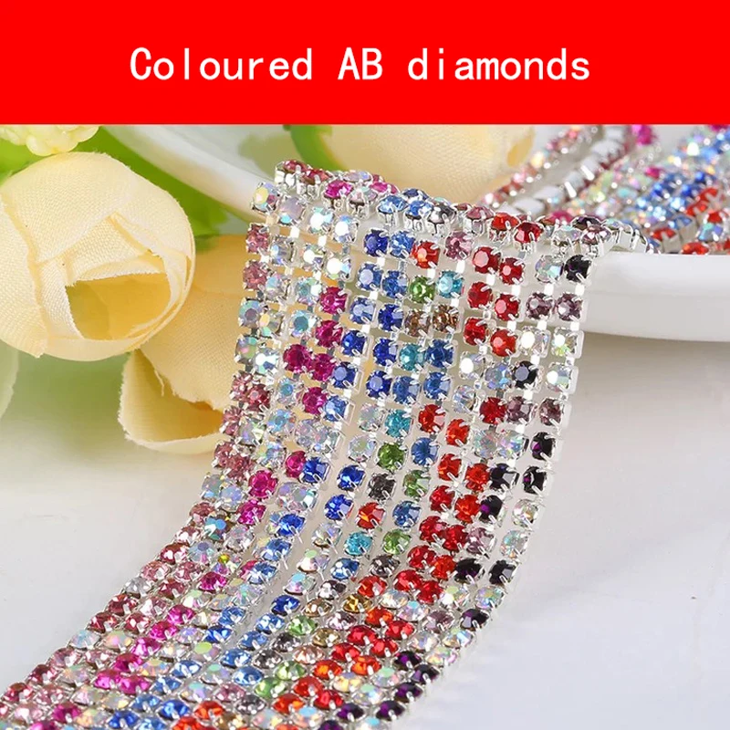 

Mixed Color rhinestone chains Diamond Claw Chain Glass Crystals Chain Flatback Rhinestone Cup Chain Silver Base for DIY Jewelry