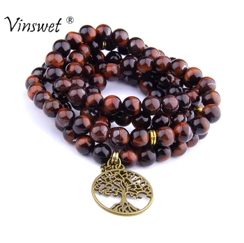 

Mala Necklaces Women Natural Tiger Eyes Stone Bracelet&Necklace for Men Women Tree of Life Buddha Pendant Jewelry