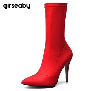 

Girseaby New women sock boots Stretch Fabric Pointed toe Mid-calf boots women High heels Sexy Stiletto women shoes foowetar Sexy