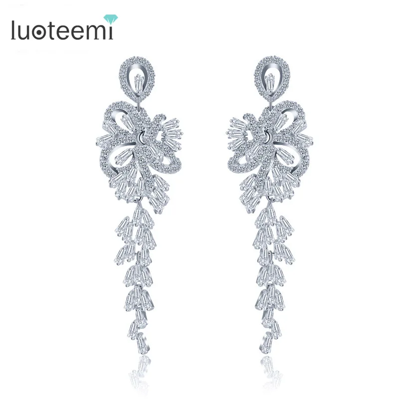 LUOTEEMI New Arrival Quality Luxurious Romantic CZ Long Hanging Chandelier Earrings For Bridal Mariage Wedding Party