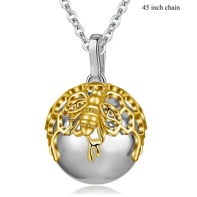 EUDORA Gold Honeycomb Hive Ball Necklace with 3D Bee Honeybee on Harmony ball Pendant for pregnant woman pregnancy new mom gift - Окраска металла: 45 inch rope