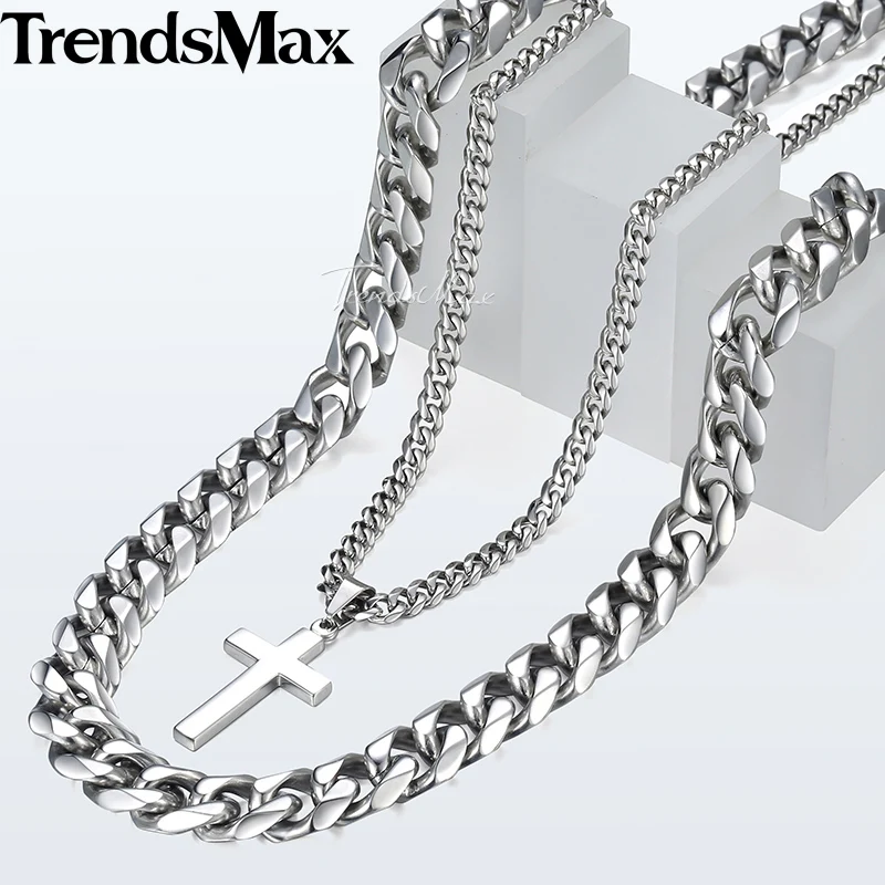 

Big Men's Necklace Silver Stainless Steel Curb Cuban Link Chain Cross Pendant Necklace for Men Hip Hop Jewelry 14mm 24inch DN04