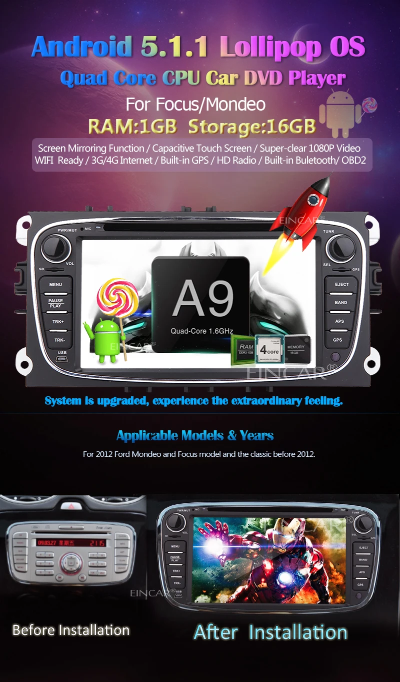 Best Android 5.1 Car DVD Player Double Din Headunit GPS Car Stereo Navigation Bluetooth AutoRadio Audio For FORD/Focus/MondeoWiFi 3