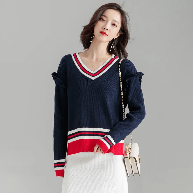Printemps Papillon 2019 Pour cou Patchwork Simple Court Bleu De Pulls Femmes Tricoté V army Green Pull Manches Lâche over PwXZuTkiO