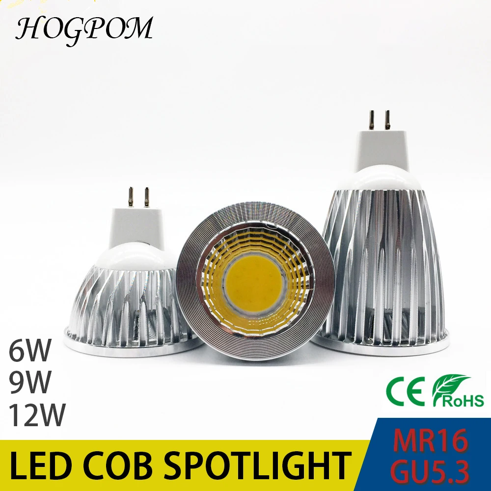 100 шт DHL новые Мощность лампада Led MR16 GU5.3COB 6 w 9 w 12 w точечный светильник с регулируемой яркостью от монолитного блока светодиодов Теплые